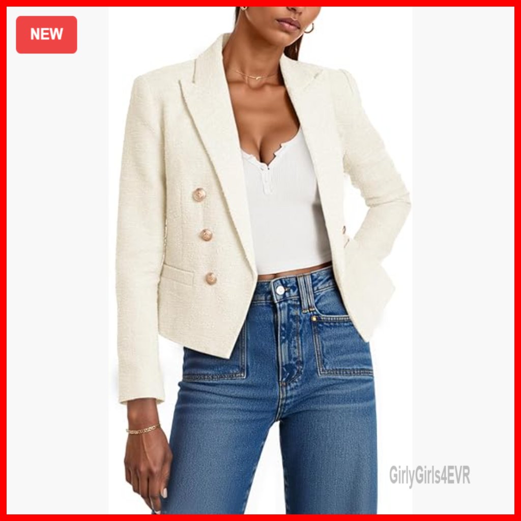 Cropped Tweed Blazer With Pockets, Long Sleeve Business Jacket